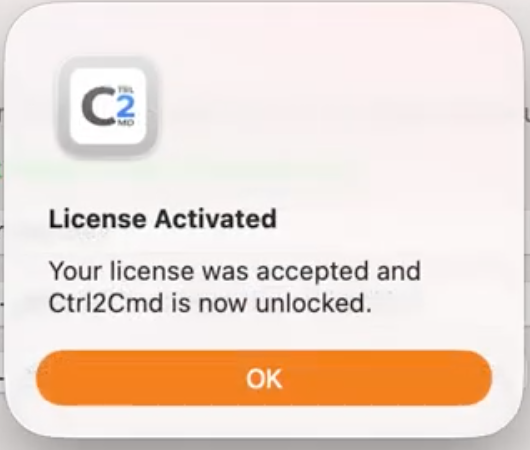 Ctrl2Cmd license activated confirmation