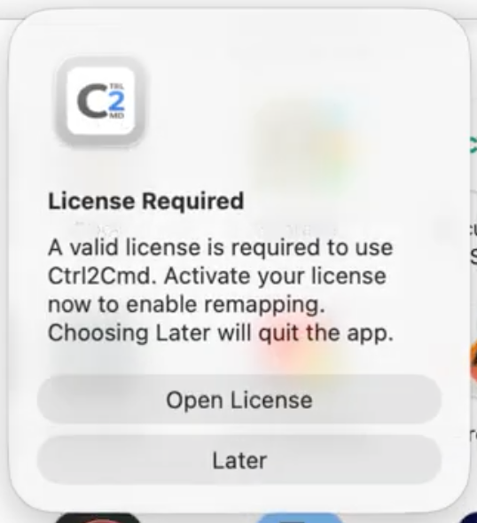 Ctrl2Cmd license required warning